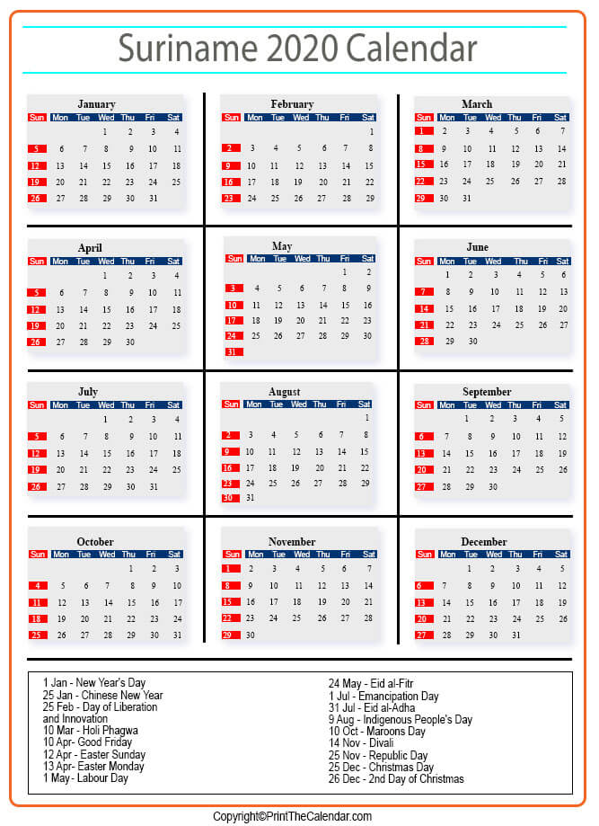 Suriname Calendar 2020